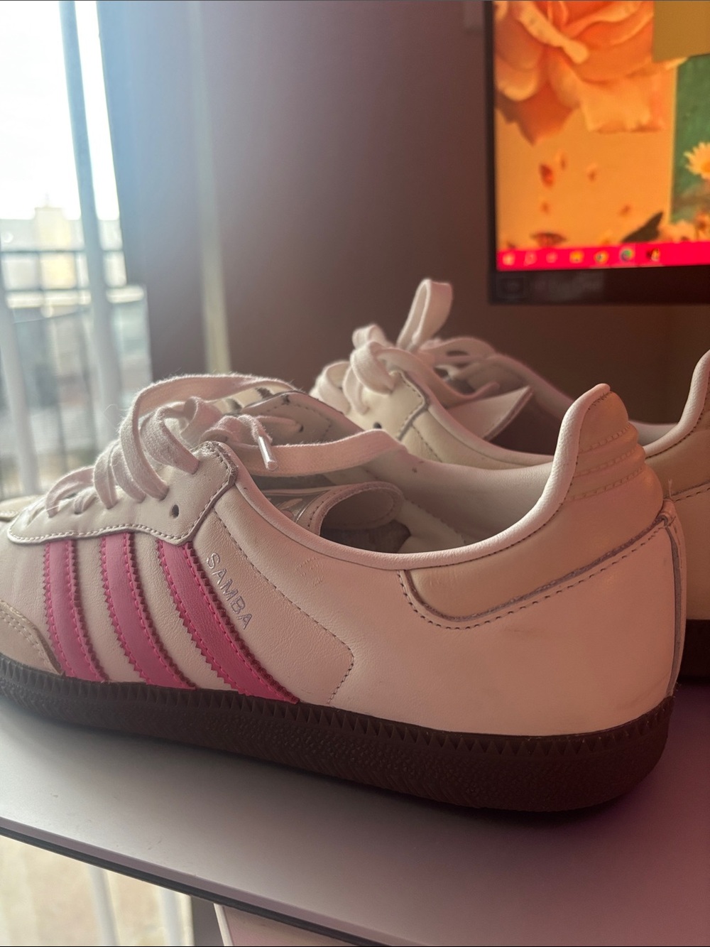 adidas Samba Leather Sneakers in White with Pink Stripes - Picture 5 of 5